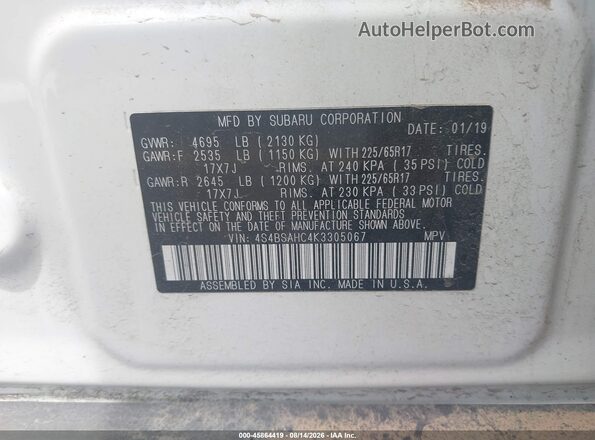 4S4BSAHC4K3305067 2019 SUBARU OUTBACK White Вид підкапотного простору