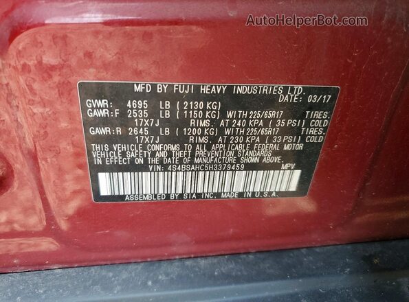 4S4BSAHC5H3379459 2017 SUBARU OUTBACK Red Вид підкапотного простору