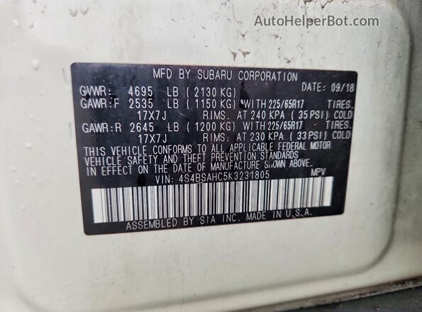 4S4BSAHC5K3231805 2019 SUBARU OUTBACK White VIN կոդի պիտակի տեսք