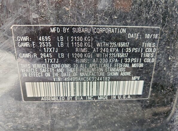 4S4BSAHC5K3244182 2019 SUBARU OUTBACK Черный Вид подкапотного пространства