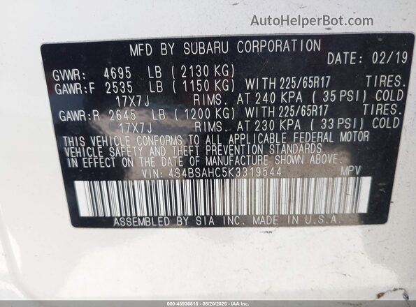 4S4BSAHC5K3319544 2019 SUBARU OUTBACK White Engine compartment view