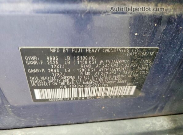 4S4BSAHC6H3235869 2017 SUBARU OUTBACK Blue Vista de la etiqueta del VIN
