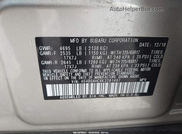 4S4BSAHC6K3281497 2019 SUBARU OUTBACK Champagne Widok komory silnika