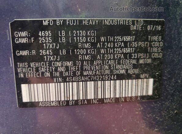 4S4BSAHC7H3219244 2017 SUBARU OUTBACK Blue Vista del compartimento del motor