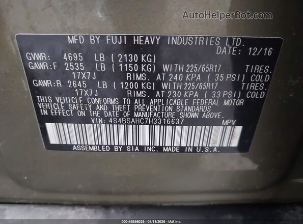 4S4BSAHC7H3316637 2017 SUBARU OUTBACK Зеленый Вид подкапотного пространства