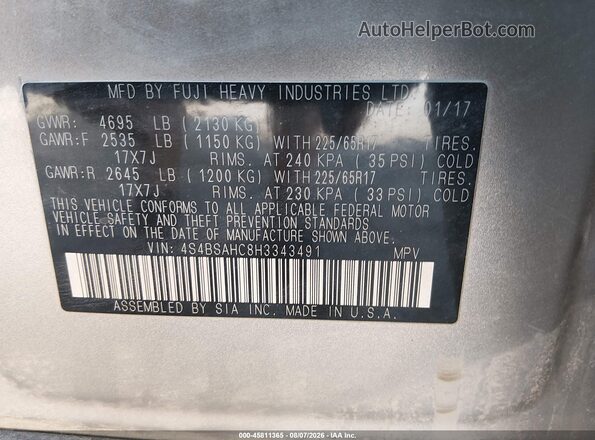4S4BSAHC8H3343491 2017 SUBARU OUTBACK Beige Շարժիչի բաժամունքի տեսք