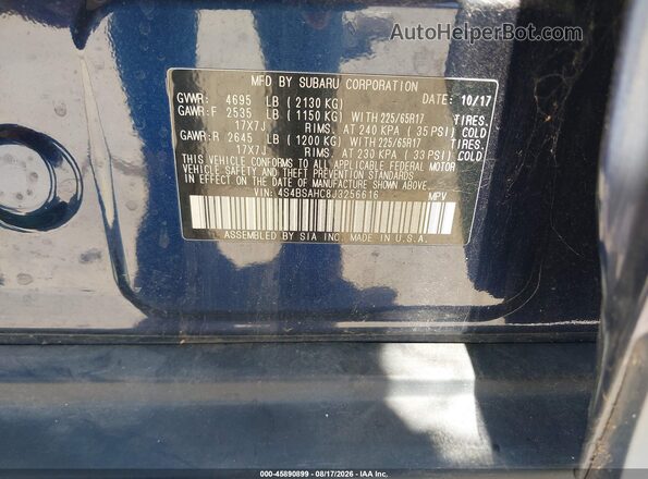 4S4BSAHC8J3256616 2018 SUBARU OUTBACK Blue Շարժիչի բաժամունքի տեսք