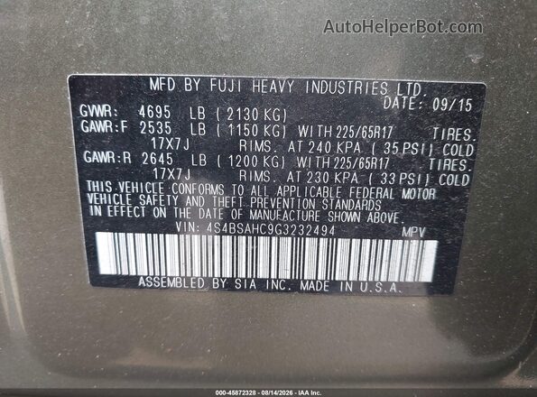 4S4BSAHC9G3232494 2016 SUBARU OUTBACK Green Vista del compartimento del motor