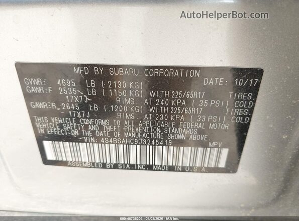 4S4BSAHC9J3245415 2018 SUBARU OUTBACK Silver Շարժիչի բաժամունքի տեսք