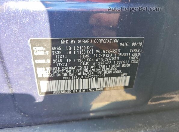 4S4BSAHC9K3205935 2019 SUBARU OUTBACK Blue VIN კოდის სტიკერის ხედი