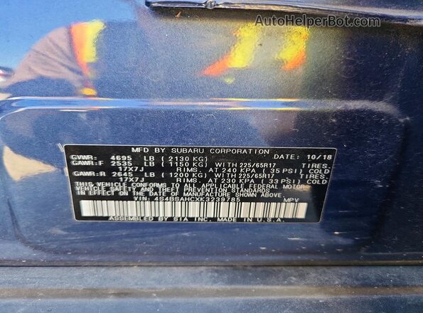 4S4BSAHCXK3239785 2019 SUBARU OUTBACK Blue Вид наклейки з VIN-кодом