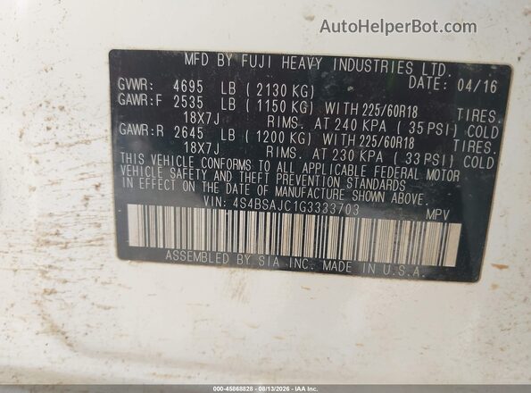4S4BSAJC1G3333703 2016 SUBARU OUTBACK White Вид підкапотного простору