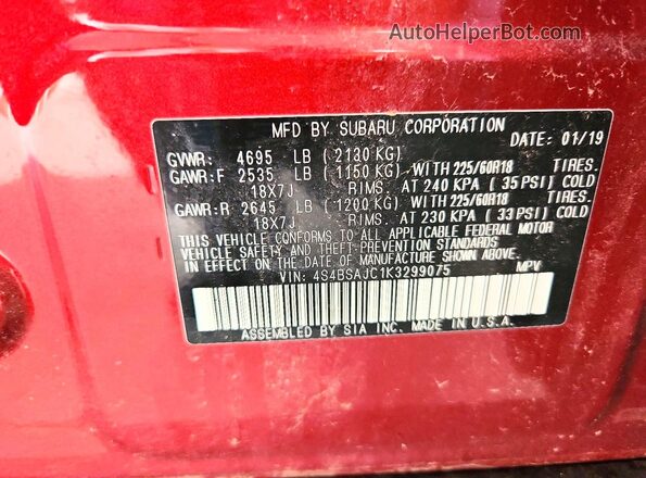 4S4BSAJC1K3299075 2019 SUBARU OUTBACK Burgundy VIN կոդի պիտակի տեսք