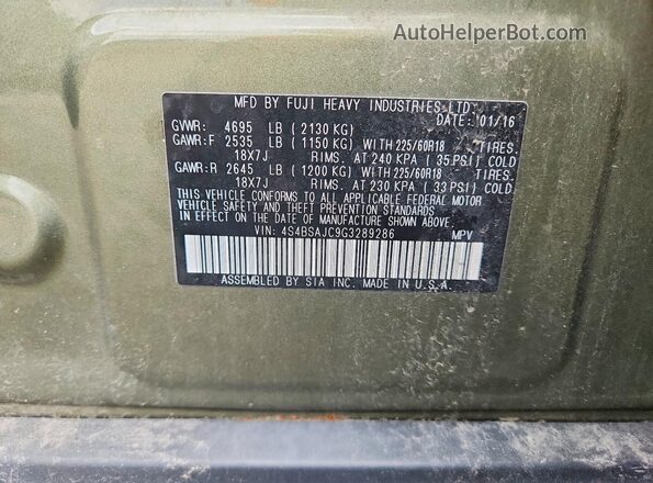 4S4BSAJC9G3289286 2016 SUBARU OUTBACK Зеленый Вид наклейки с VIN-кодом