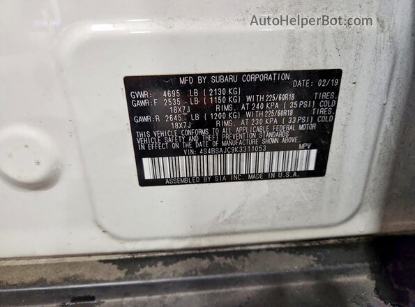 4S4BSAJC9K3311053 2019 SUBARU OUTBACK White Widok naklejki z numerem VIN
