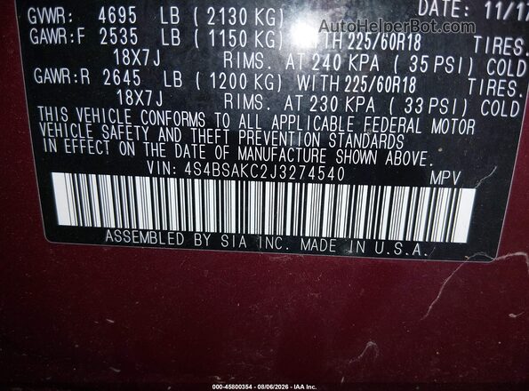 4S4BSAKC2J3274540 2018 SUBARU OUTBACK Burgundy Vista del compartimento del motor