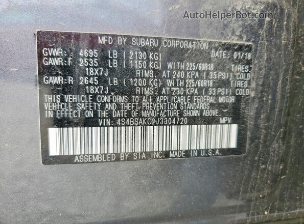 4S4BSAKC2J3304720 2018 SUBARU OUTBACK Gray VIN კოდის სტიკერის ხედი