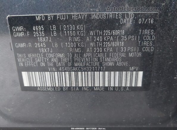 4S4BSAKC5H3211717 2017 SUBARU OUTBACK Gray Widok komory silnika