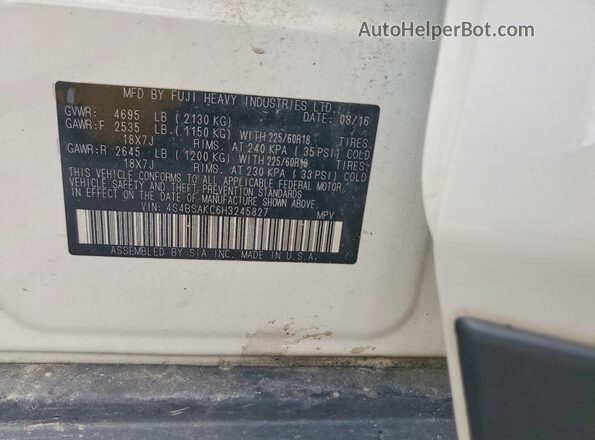 4S4BSAKC6H3245827 2017 SUBARU OUTBACK White Widok wnętrza 360 stopni