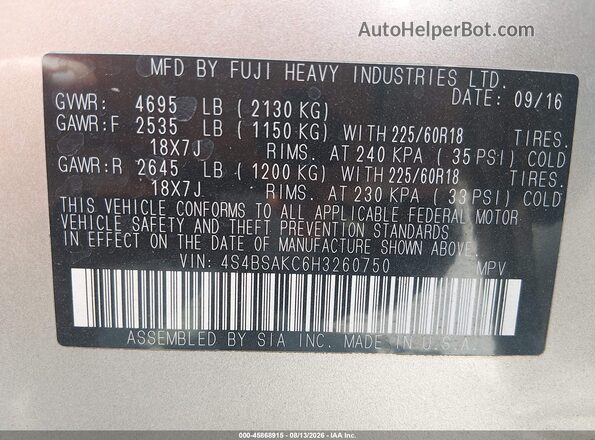 4S4BSAKC6H3260750 2017 SUBARU OUTBACK Silver ძრავის განყოფილების ხედი