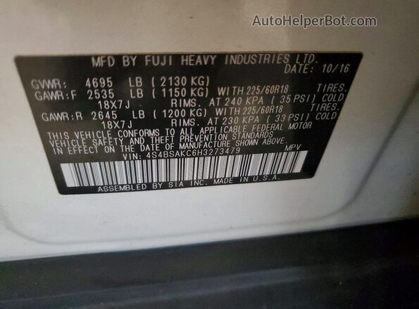 4S4BSAKC6H3273479 2017 SUBARU OUTBACK Белый Вид наклейки с VIN-кодом