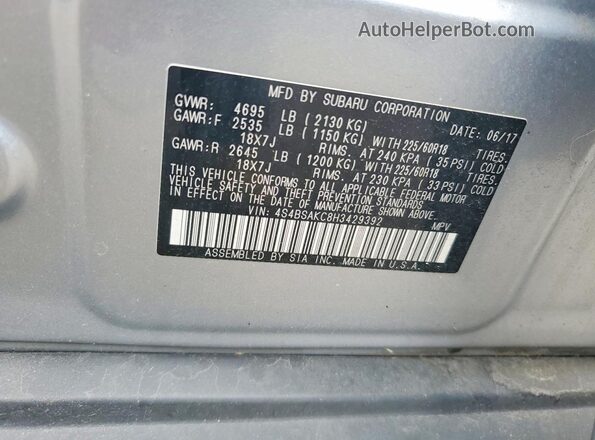 4S4BSAKC8H3429392 2017 SUBARU OUTBACK Silver Панорамний вид салону 360°