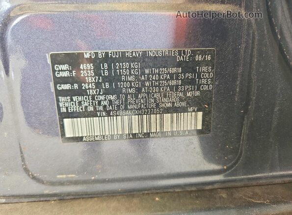 4S4BSAKCXH3237052 2017 SUBARU OUTBACK Gray Vista del compartimento del motor