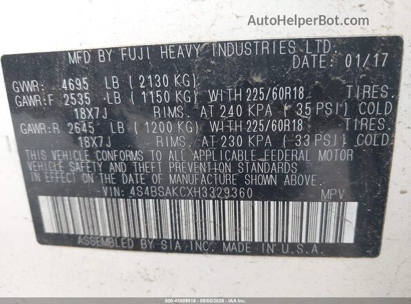 4S4BSAKCXH3329360 2017 SUBARU OUTBACK White Engine compartment view
