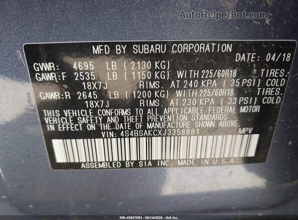 4S4BSAKCXJ3358881 2018 SUBARU OUTBACK Blue Շարժիչի բաժամունքի տեսք