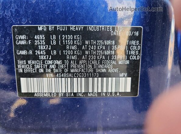 4S4BSALC2G3311173 2016 SUBARU OUTBACK Blue Панорамний вид салону 360°