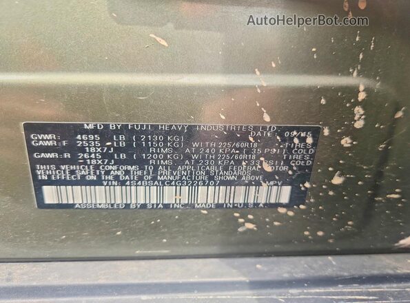 4S4BSALC4G3226707 2016 SUBARU OUTBACK Green Սալոնի 360 աստիճան տեսք