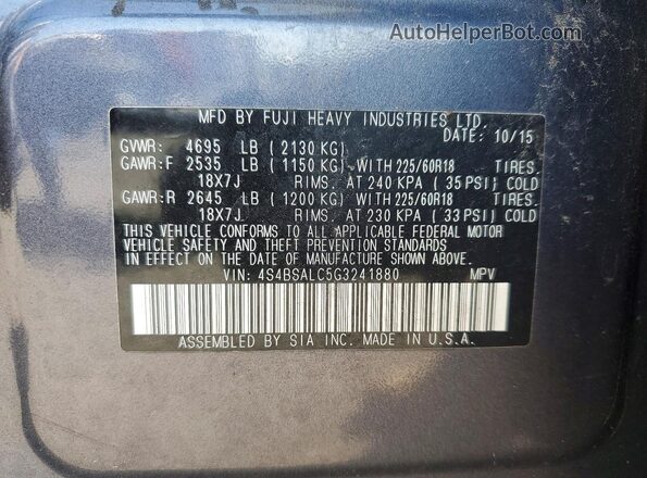 4S4BSALC5G3241880 2016 SUBARU OUTBACK Gray Вид підкапотного простору