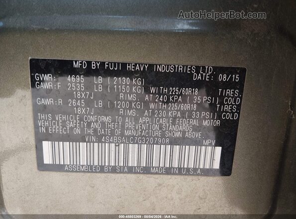 4S4BSALC7G3207908 2016 SUBARU OUTBACK Green Vista del compartimento del motor