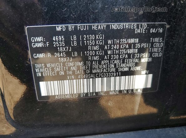 4S4BSALC7G3332911 2016 SUBARU OUTBACK Black Vista de la etiqueta del VIN