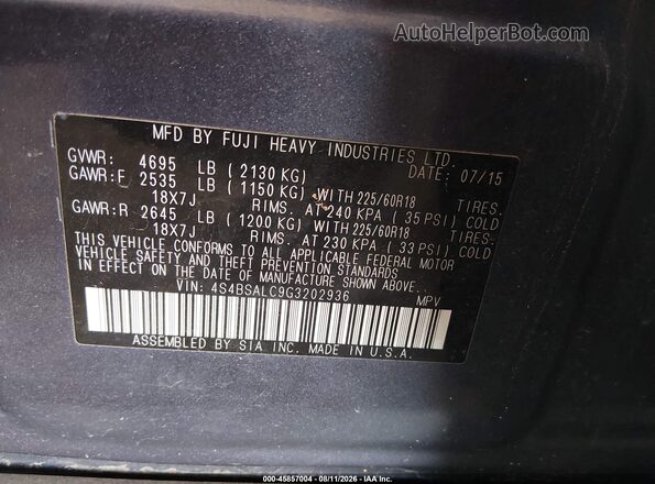 4S4BSALC9G3202936 2016 SUBARU OUTBACK Синий Вид подкапотного пространства