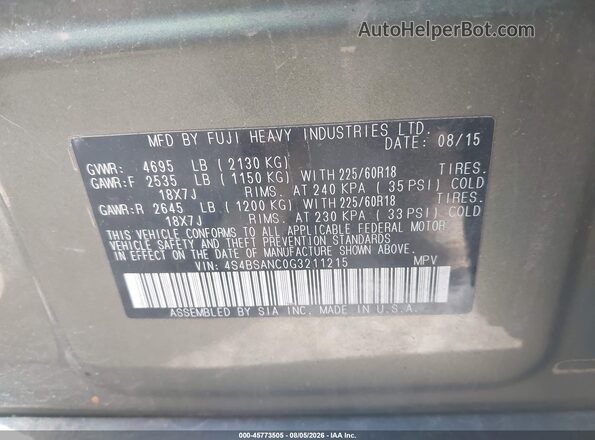 4S4BSANC0G3211215 2016 SUBARU OUTBACK Green Engine compartment view