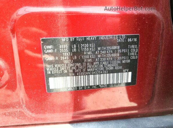 4S4BSANC0H3204783 2017 SUBARU OUTBACK Red VIN կոդի պիտակի տեսք