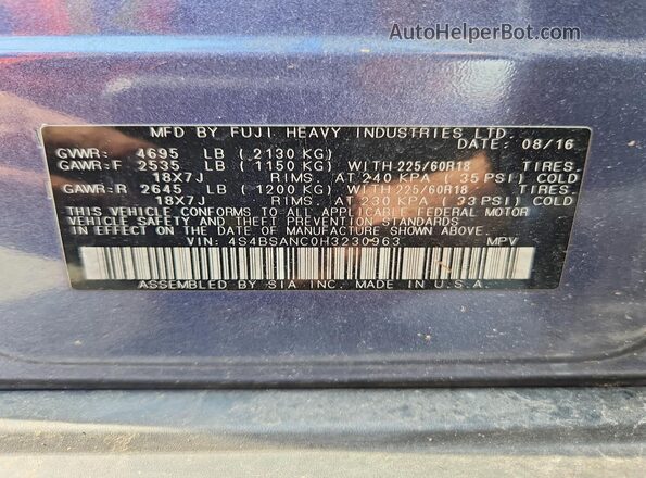 4S4BSANC0H3230963 2017 SUBARU OUTBACK Blue VIN sticker view