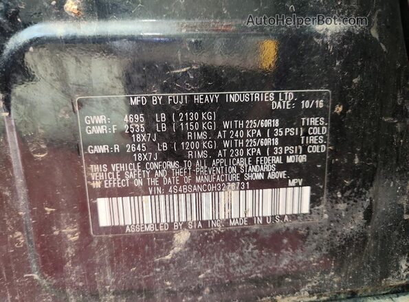 4S4BSANC0H3276731 2017 SUBARU OUTBACK Black Vista del compartimento del motor