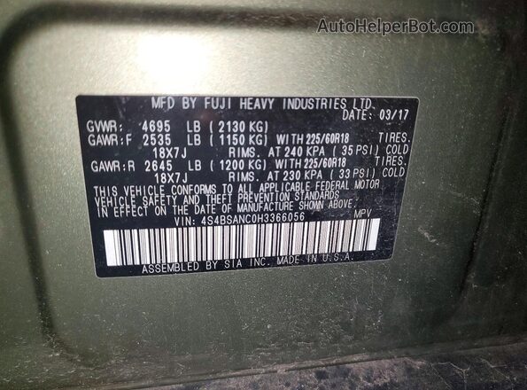 4S4BSANC0H3366056 2017 SUBARU OUTBACK Green Սալոնի 360 աստիճան տեսք