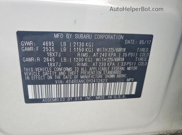 4S4BSANC0H3412923 2017 SUBARU OUTBACK Белый Панорамный вид салона 360°