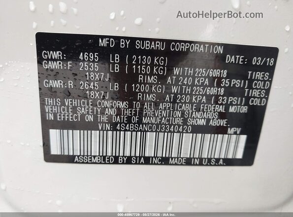4S4BSANC0J3340420 2018 SUBARU OUTBACK White ძრავის განყოფილების ხედი