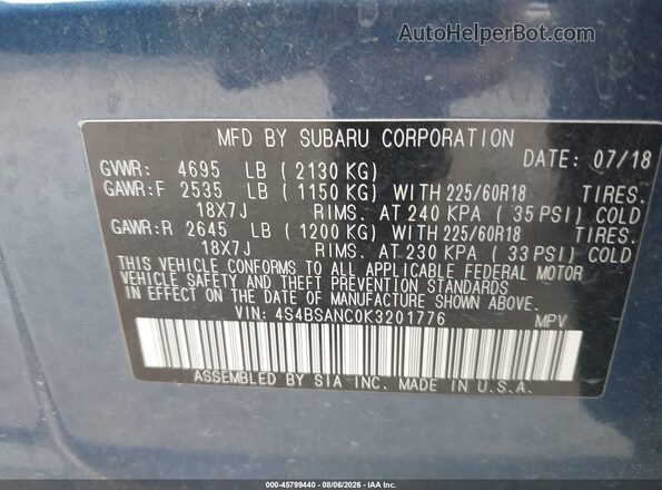4S4BSANC0K3201776 2019 SUBARU OUTBACK Синий Вид подкапотного пространства