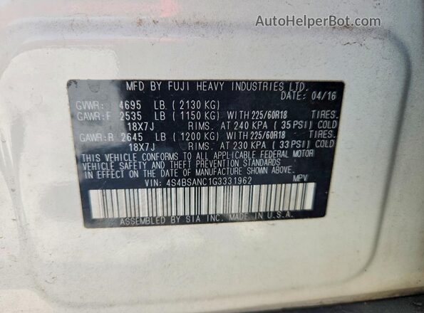 4S4BSANC1G3331962 2016 SUBARU OUTBACK White Vista de la etiqueta del VIN