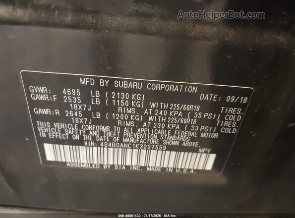 4S4BSANC1K3227559 2019 SUBARU OUTBACK Black Widok komory silnika