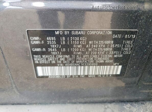4S4BSANC1K3295800 2019 SUBARU OUTBACK Gray Widok wnętrza 360 stopni