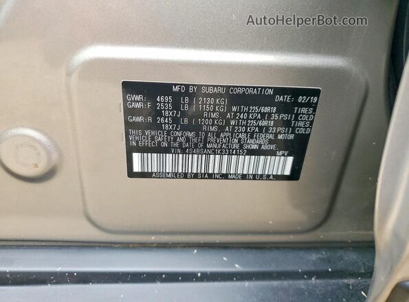 4S4BSANC1K3314152 2019 SUBARU OUTBACK Tan VIN կոդի պիտակի տեսք