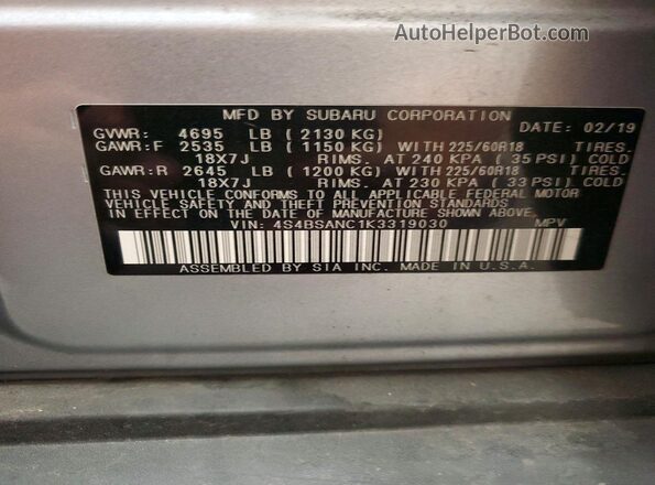 4S4BSANC1K3319030 2019 SUBARU OUTBACK Silver Вид наклейки з VIN-кодом