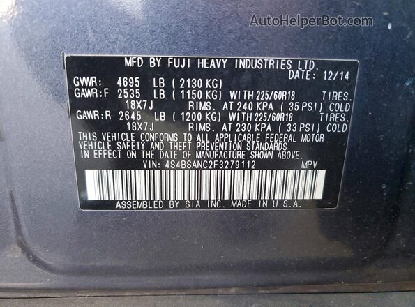 4S4BSANC2F3279112 2015 SUBARU OUTBACK Gray Engine compartment view