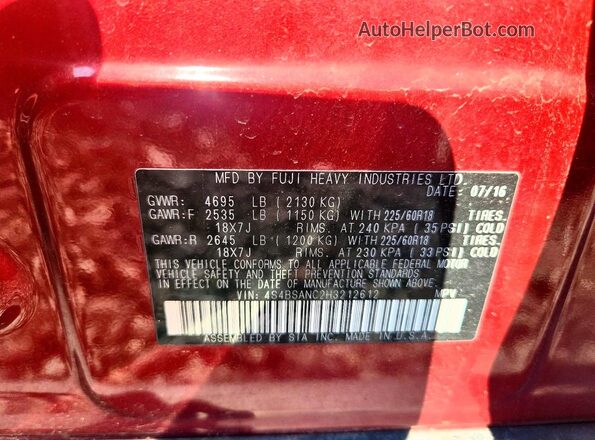 4S4BSANC2H3212612 2017 SUBARU OUTBACK Burgundy Вид наклейки з VIN-кодом